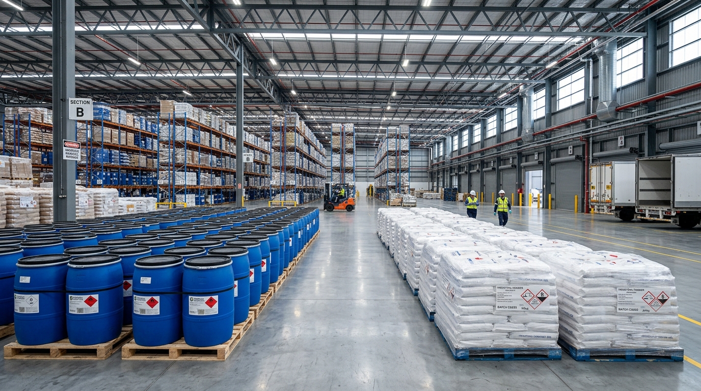 Chemical Logistics Warehouse with 200L Blue HDPE Drums and 25kg PP Sacks